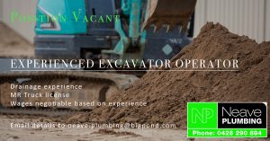 Experienced excavator operator, position vacant, wanter excavator driver