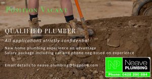 Qualified plumber, plumbing position vacant, above award rates, experienced plumber